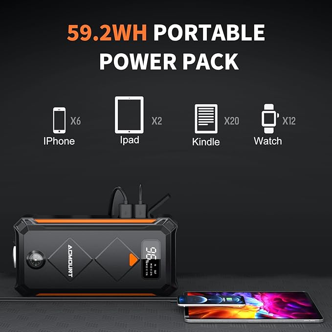 Acmount P110 Car Jump Starter, 6000A Peak Lithium Jump Starter Battery Pack for Up to 10.0L Gas or 8.0L Diesel Engine, Safe 12V Portable Battery Starter Power Pack with LED Screen & LED Light - Orange