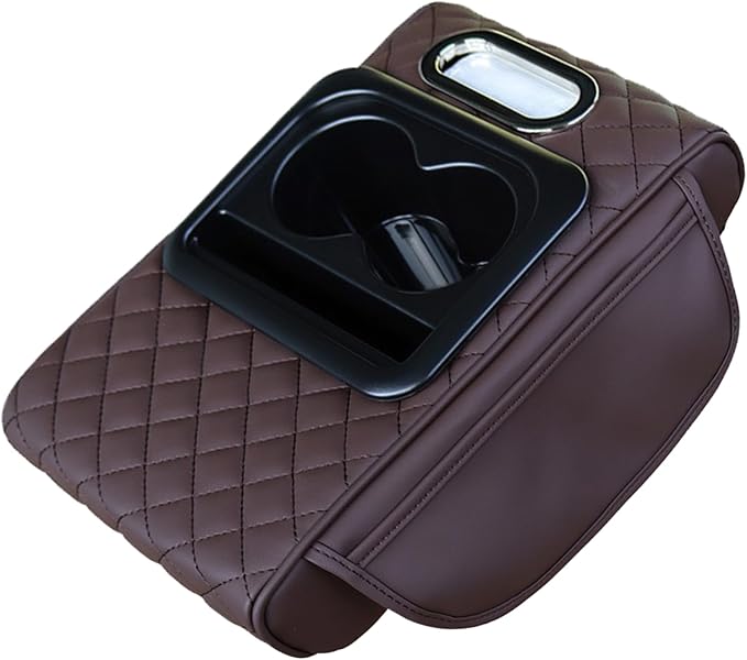 Car Armrest Cushion,5-in-1 Center Console Cover with 2 Storage Bags Cup Holder, Tissue Box Slot, Phone Slot for Sedans, Car Accessories Interior Organizers -Brown