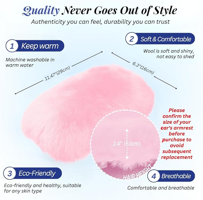 Andalus Brands Pure Australian Sheepskin Fluffy Car Center Console Cover, Luxurious Non-Shedding Furry Arm Rest Cover for Car, Versatile for All Seasons, Pink - (11.47" X 6.3")