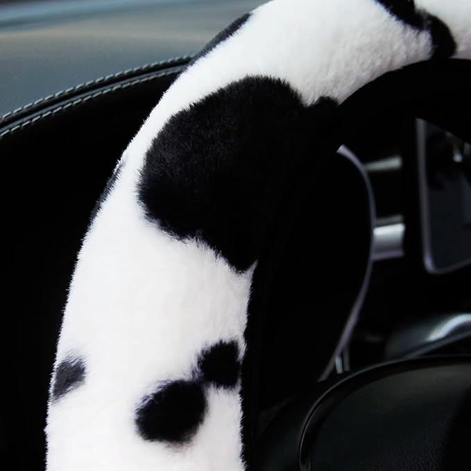 ALEMODR Cow Print Plush Steering Wheel Cover Fluffy Winter Warm Universal 15 inch for Women Girls