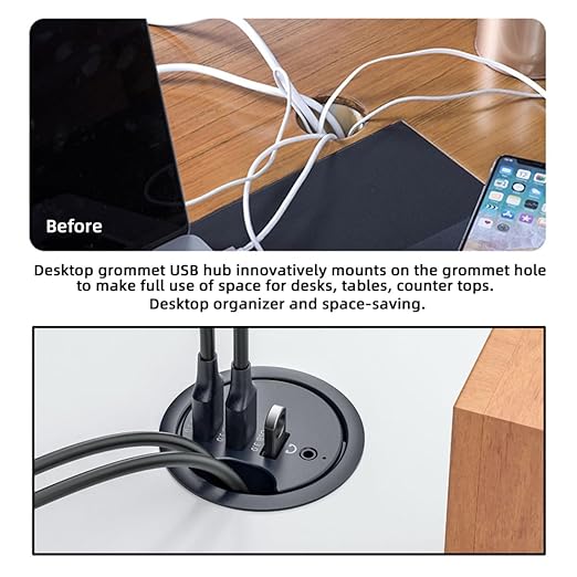 xiwai USB 3.0 Hub Splitter, Sound Card 3 Port USB Multiport Expander 60mm Desk Grommet Dock Station Headphone Mic Audio Interface for PC Desk Desktop