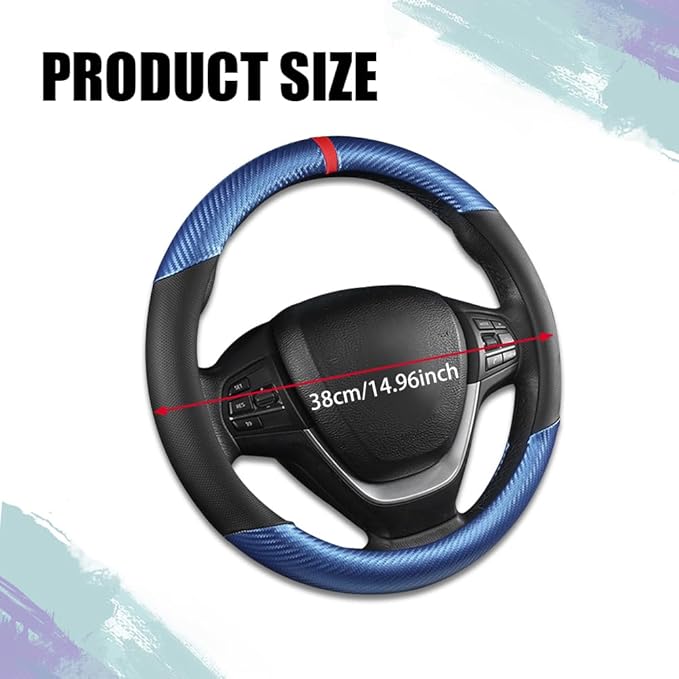Carbon Fiber Car Steering Wheel Cover, Universal 15 inch Breathable Anti Slip Steering Wheel Covers, Car Interior Accessories Steering Wheel Protector for Men and Women, Fit for Most Cars (Blue/Black)
