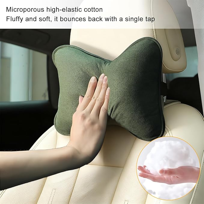 Car Headrest Pillow, Suede Soft Comfortable Breathable Vehicle Seat Neck Support Cushion with Adjustable Strap, Ergonomic Design Auto Head Rest Pad, Universal for Sedan RV Truck (Dark Green)