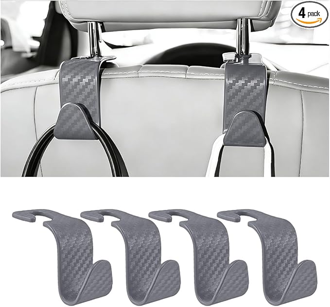 4PCS Car Seat Headrest Hook, Automotive Back Seat Storage Holder Hanger, Vehicle Interior Backseat Organizer Hanging Hook for Purse Handbag Grocery Bags, Universal Fit (Gray)