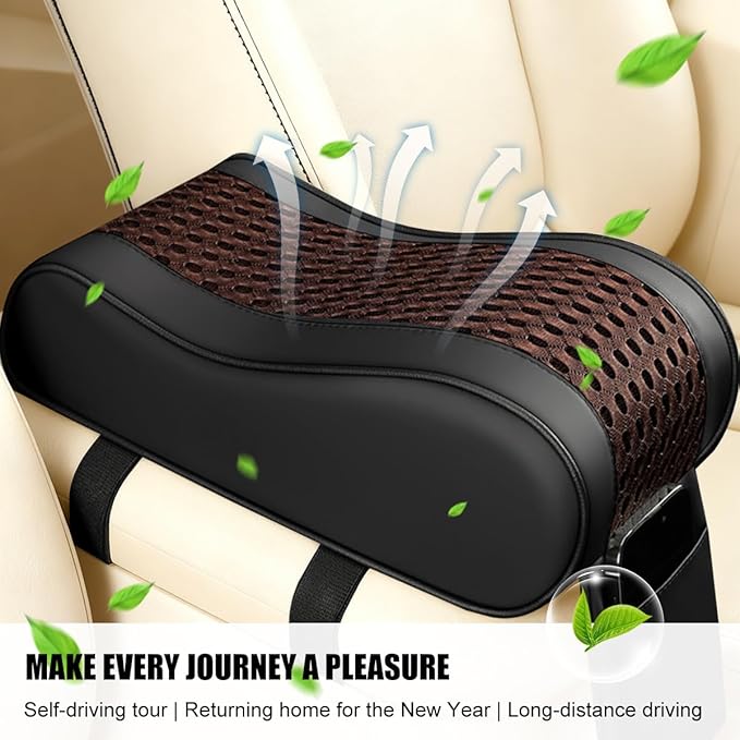 Car Armrest Cushion, Soft Memory Foam Leather Vehicle Armrest Pillow with Storage Bag, Multifunctional Automotive Interior Center Console Arm Rest Pad, Universal for Most Vehicles (Coffee)