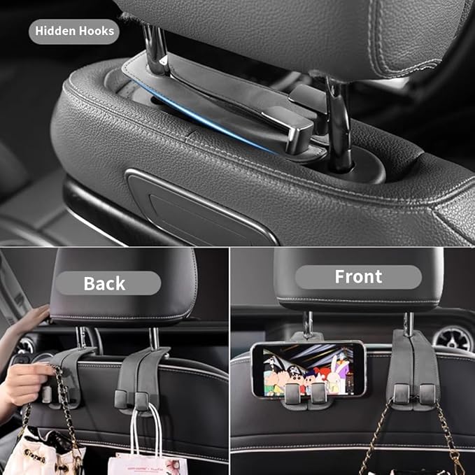 KINIVA Car Seat Headrest Storage Hooks, Set of 2, Suede PU Leather, Double Hooks (Grey-4 Pack)