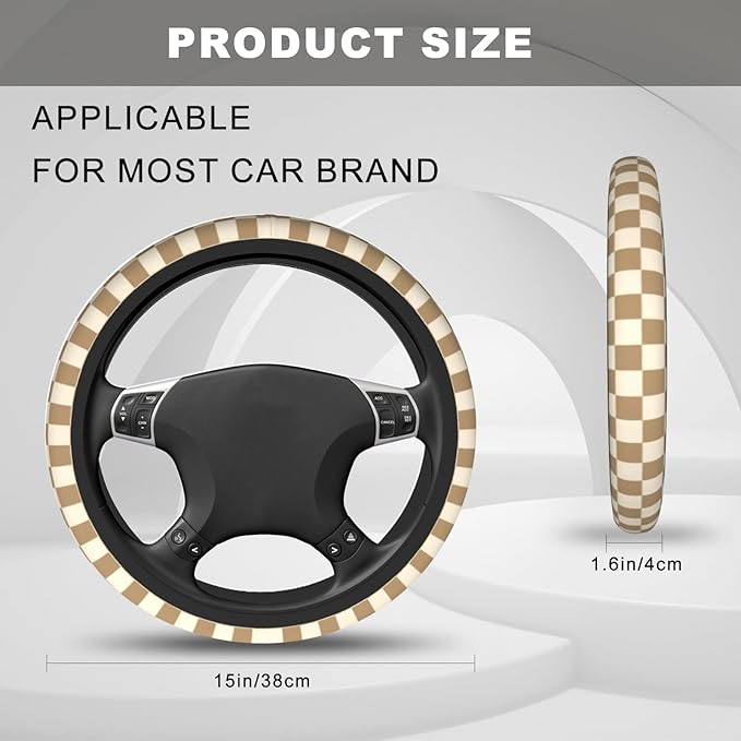 Brown Beige Checkered Steering Wheel Cover, Cute Anti-Slip Breathable Car Accessories Interior Elastic Steering Wheel Cover for Men Women Fit Auto, SUV Vans Truck Universal 14.5-15 Inch