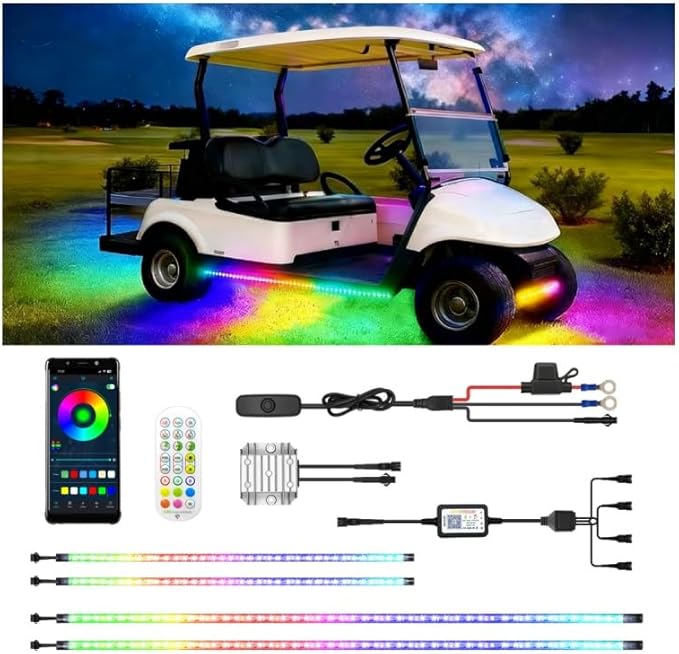 4 Pcs RGB+IC Golf Cart Underglow Light Strip, 12V-80V Dream Color Chasing Golf Cart Underbody Light with Remote and APP Control, Voltage Reducer Included, Music Sync for EZGO Yamaha Club Car