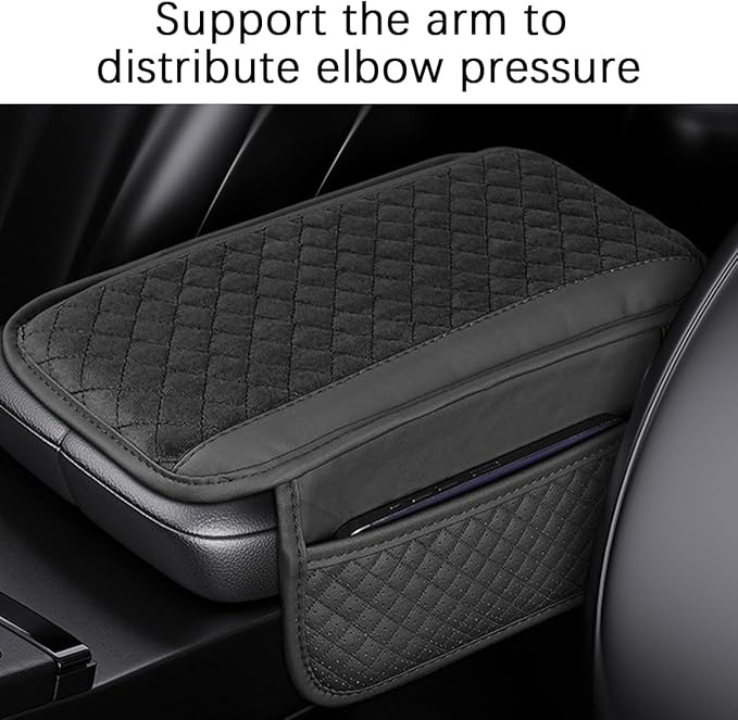 Car Center Console Cover, Leather Vehicle Armrest Cushion Pad with 2 Storage Bags, Auto Interior Middle Console Storage Box Protector Accessories, Universal for SUV, Sedan, Truck (Black)