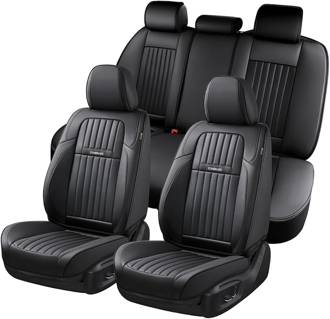 Coverado Car Seat Covers Full Set, Seat Covers for Cars, Black Car Seat Cover, Car Seat Protector, Nappa Leather Car Seat Cushion, Waterproof Car Seat Covers Front Seats and Back Fit for Most Cars