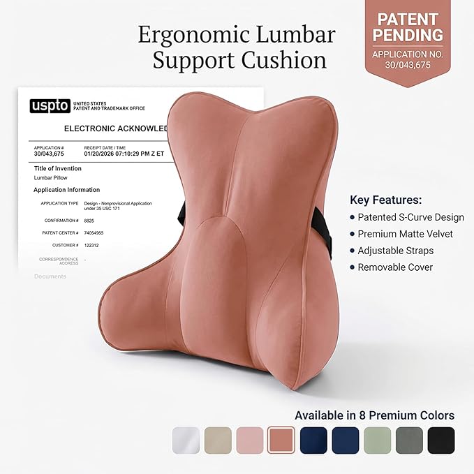 Lumbar Support Pillow (Pat. Pend) for Office Chair, Couch, Recliner & Car Seat, Ergonomic Back Support Cushion for Lower Back Pain Relief, Washable Lumbar Pillow, Blush Pink