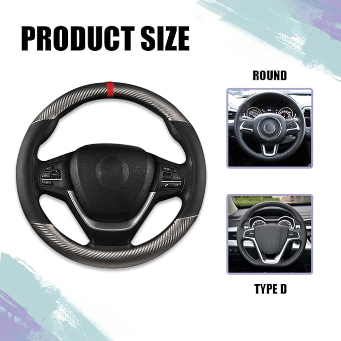 Carbon Fiber Car Steering Wheel Cover, Universal 15 inch Breathable Anti Slip Steering Wheel Covers, Car Interior Accessories Steering Wheel Protector for Men & Women, Fit for Most Cars (Black/Gray)
