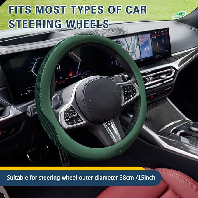 Car Steering Wheel Cover, Steering Wheel Accessories, Universal 15 Inch Microfiber Breathable LCE Silk, Car Accessories Breathable Anti-Slip Protector Universal for SUV Sedan Truck (Green)
