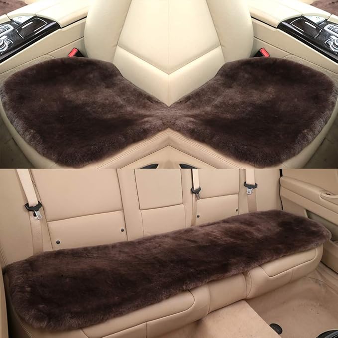 OGLAND Fluffy Genuine Australia Sheepskin Car Seat Cover for Auto Interior Accessories with Soft Fuzzy Wool Eco-Friendly Natural Fur Non-Slip (Teak, Back)