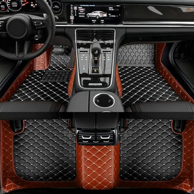 Customize Car Floor Mats for 99% Sedan SUV Sports Car All Weather Leather Full Coverage Waterproof Non-Slip Vehicle Lining Pads (Black Brown Stitching)