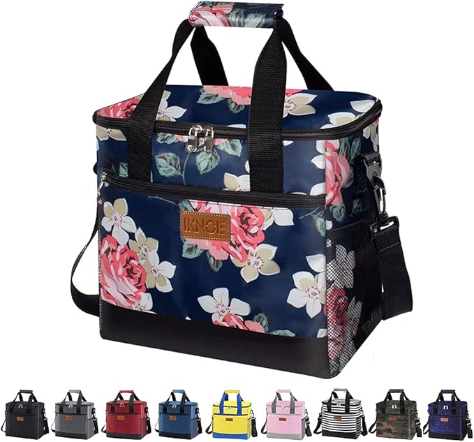 Iknoe Large Cooler Bag Collapsible 24 Can Insulated Leakproof Lunch Cooler Tote with Multi-Pockets for Adult Insulated Thermal Bag for Beach, Picnic, Office Work (Flower)