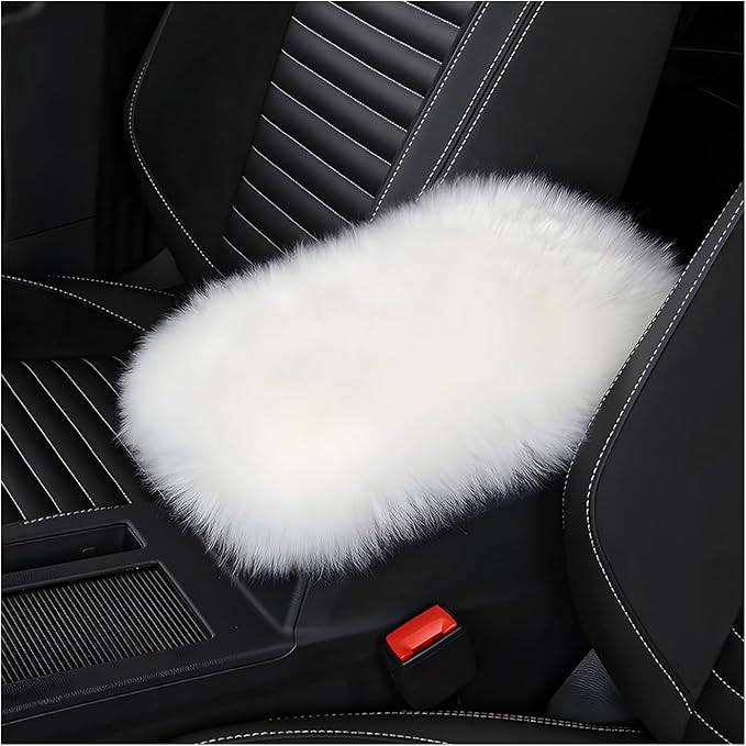 Center Console Cover, 11.81"×7.87" Automotive Fluffy Plush Center Armrest Protector, Universal Furry Comfortable Center Console Pad for Cars Trucks SUVs, Car Accessories (White)