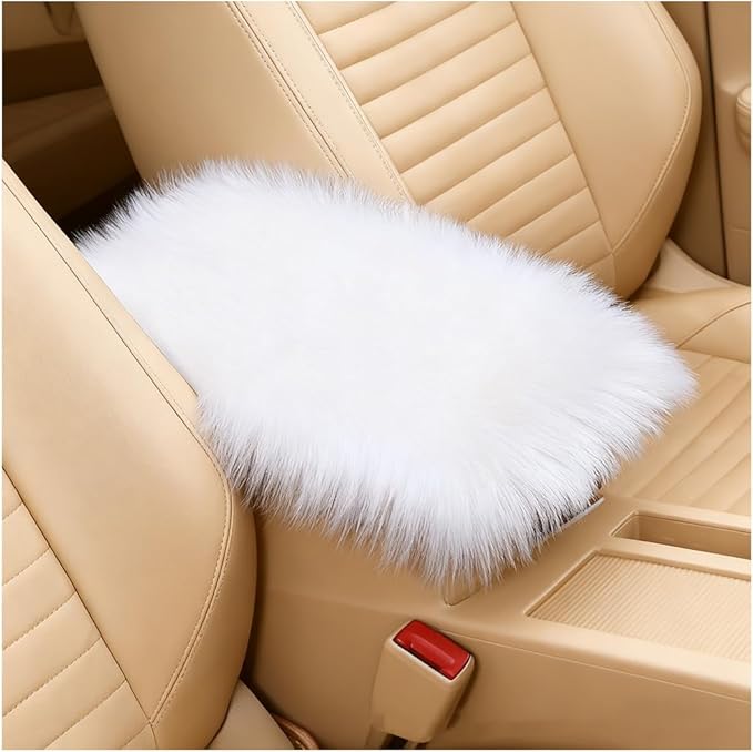 Car Center Console Cover, Fluffy Soft Vehicle Middle Console Arm Rest Cushion Pad, Furry Automotive Interior Armrest Seat Box Protector Decoration Accessories, Universal Fit (White)