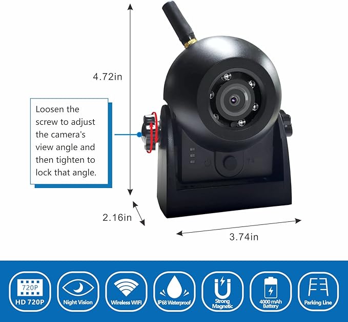 Upgraded Wireless Backup Camera Magnetic Hitch, 4000mAh Rechargeable Battery Powered WiFi Rear View Camera, 720P IP68 Waterproof Reverse Camera for Truck/RV/Camper/Trailer for iPhone iPad Android