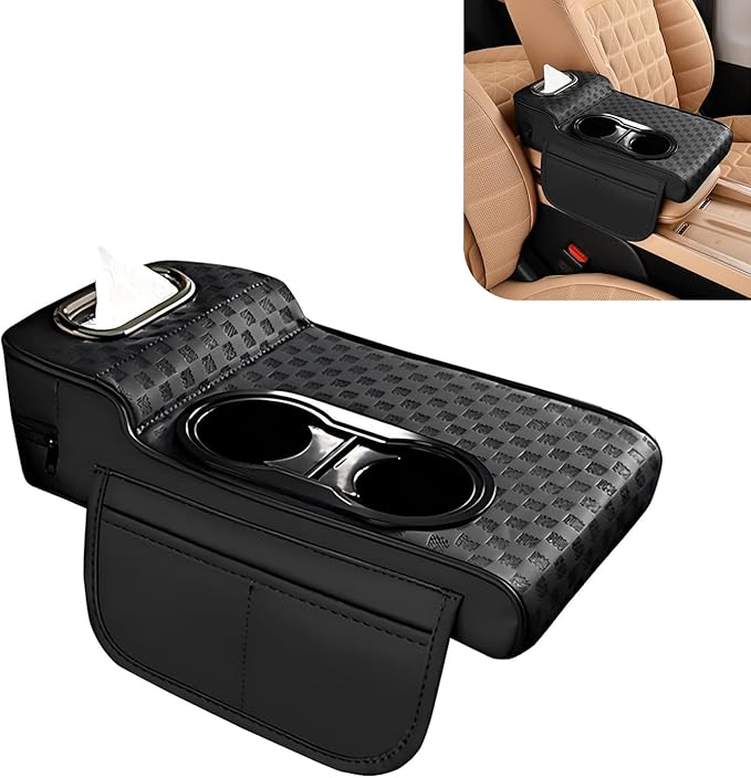 Car Center Console Leather Armrest Increase Cushion, MultiFunctional Armrest Box Pad with Dual Cup Holder, Tissue Box, Side Card Holder, Universal for Most Cars, SUVs, Trucks (Black)