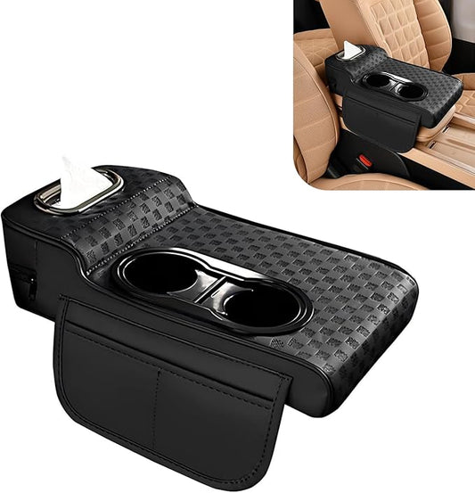 Car Center Console Leather Armrest Increase Cushion, MultiFunctional Armrest Box Pad with Dual Cup Holder, Tissue Box, Side Card Holder, Universal for Most Cars, SUVs, Trucks (Black)