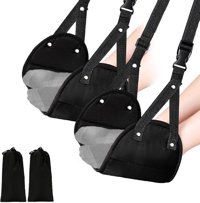 Aksiko 2 Pack Airplane Travel Footrest Hammocks, Adjustable, Black, Memory Foam, Foot Hammock for Airplane Travel