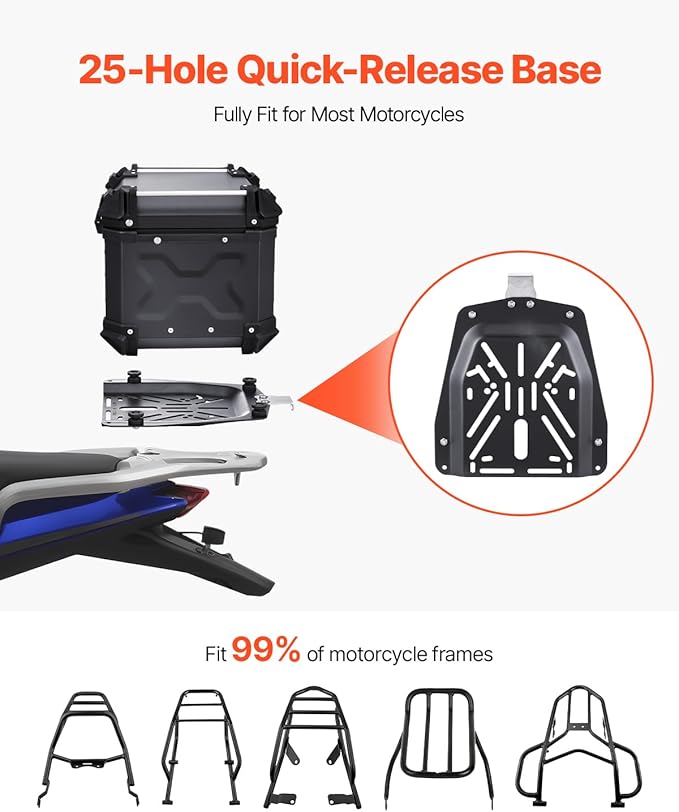 VEVOR Motorcycle Top Case 45L, Universal Aluminum Alloy Motorbike Tail Box with Leather Lining, 45L Waterproof Detachable Motorcycle Top Box with Lock & Back Cushion, Fit for 99% of Motorcycle Frames