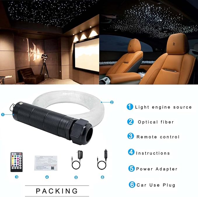 AZIMOM Car Use 6W RGBW 450pcs 0.03in 6.5ft Fiber Optic Lights Starlight Ceiling Light Kit End Glow Optic Cable Music Mode APP Remote Sensory Lighting Indoor Home Headliner Decoration