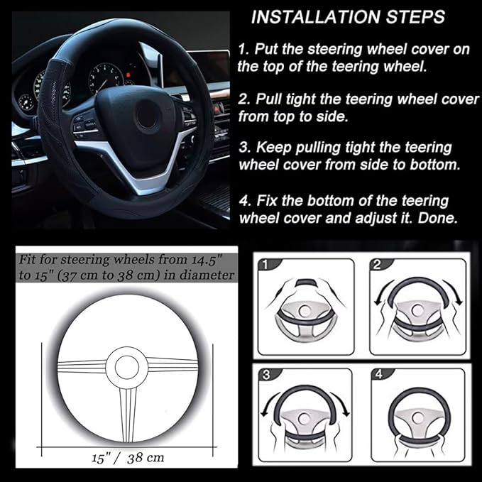 Alusbell Microfiber Leather Steering Wheel Cover Breathable Auto Car Steering Wheel Cover for Men Large-Size with 15 1/2 inches-16 inches Outer Diameter Black