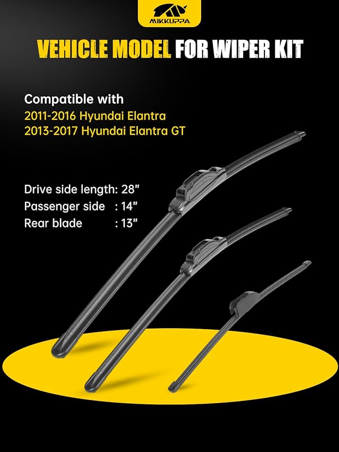 MIKKUPPA 28"+14"+13" Windshield Wipers Blades Replacement for 2011-2016 Hyundai Elantra, 2013-2017 Elantra GT, U/J HOOK Front & Rear All Season Wiper Blades Set(Pack of 3)