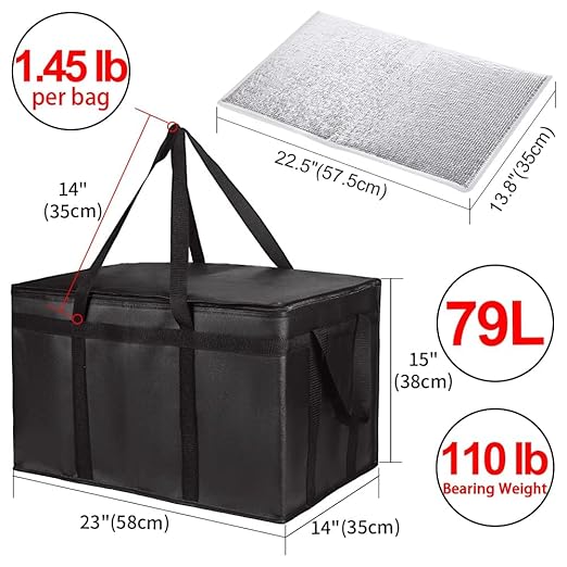 CIVJET Insulated Food Delivery Bag with Hard Bottom, XXX-Large Insulated Reusable Grocery Cooler/Hot Bags, Tote Bag for Shopping/Travel, Black, 3-Pack