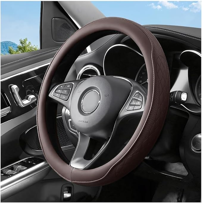 Car Steering Wheel Cover, 14.5-15" Breathable Soft Leather Vehicle Steering Wheel Protector with Anti-Slip Lining, Comfortable Auto Interior Decoration Accessories, Universal Fit (Coffee)
