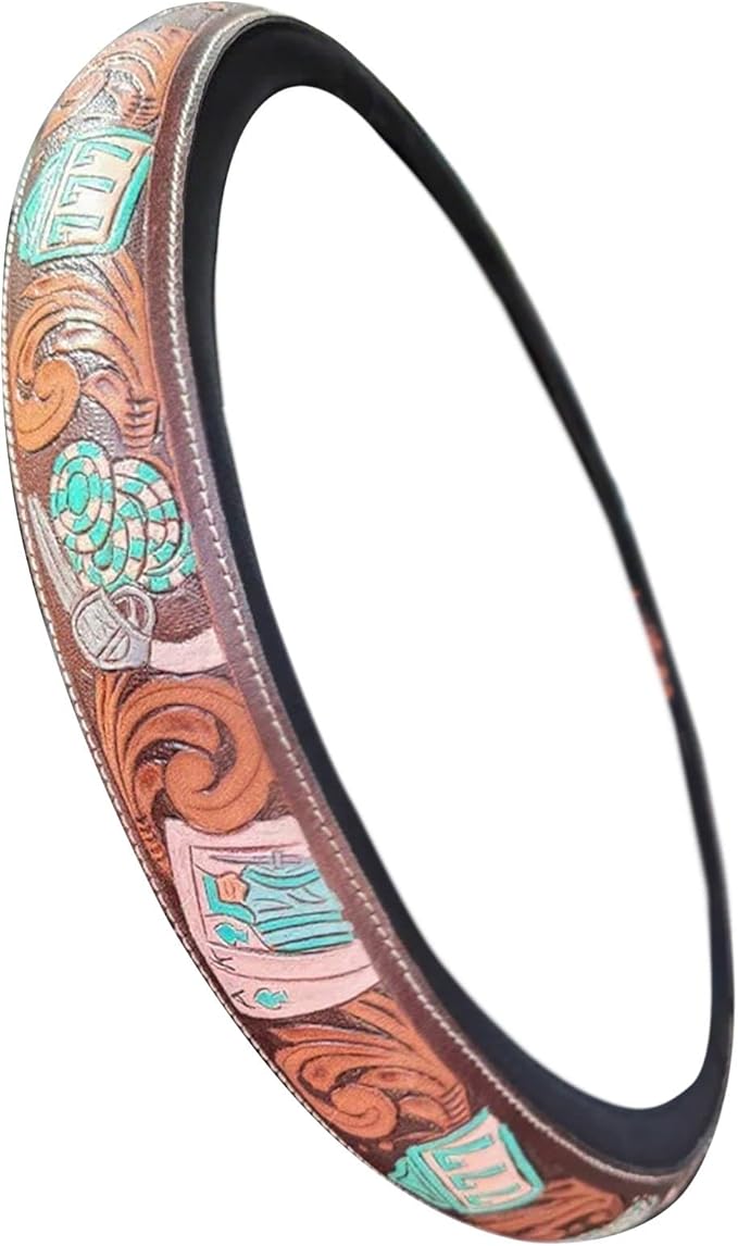 Retro Western Cowboy Car Universal Steering Wheel Cover, Embossed Handcrafted Tooled Leather Western,Anti Slip, Auto Interiors Accessories,Breathable for Trucks SUVs Cars (E)