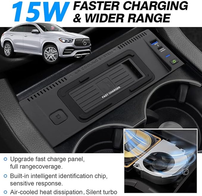 Wireless Car Charger for Mercedes Benz GLE/GLS/GL/ML 2012-2019, 15W Qi Fast Charging Phone Charger Pad for Mercedes-Benz GLE GLS AMG 2015-2019 ML GL AMG 2012-2015 X292 X166 W166 Accessory
