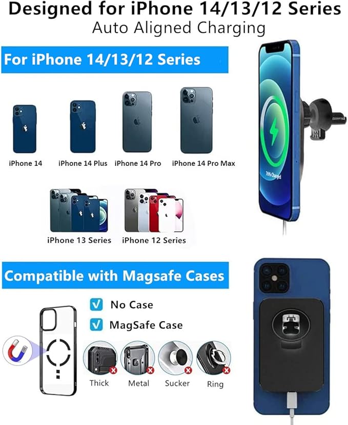 15W Magnetic Wireless Car Charger for iPhone 16/15/14/13/12 Pro Max/Mag-Safe Case, Qi Fast Charging Mount, Dashboard Air Vent Phone Holder for iPhone 16/15/14/13/12