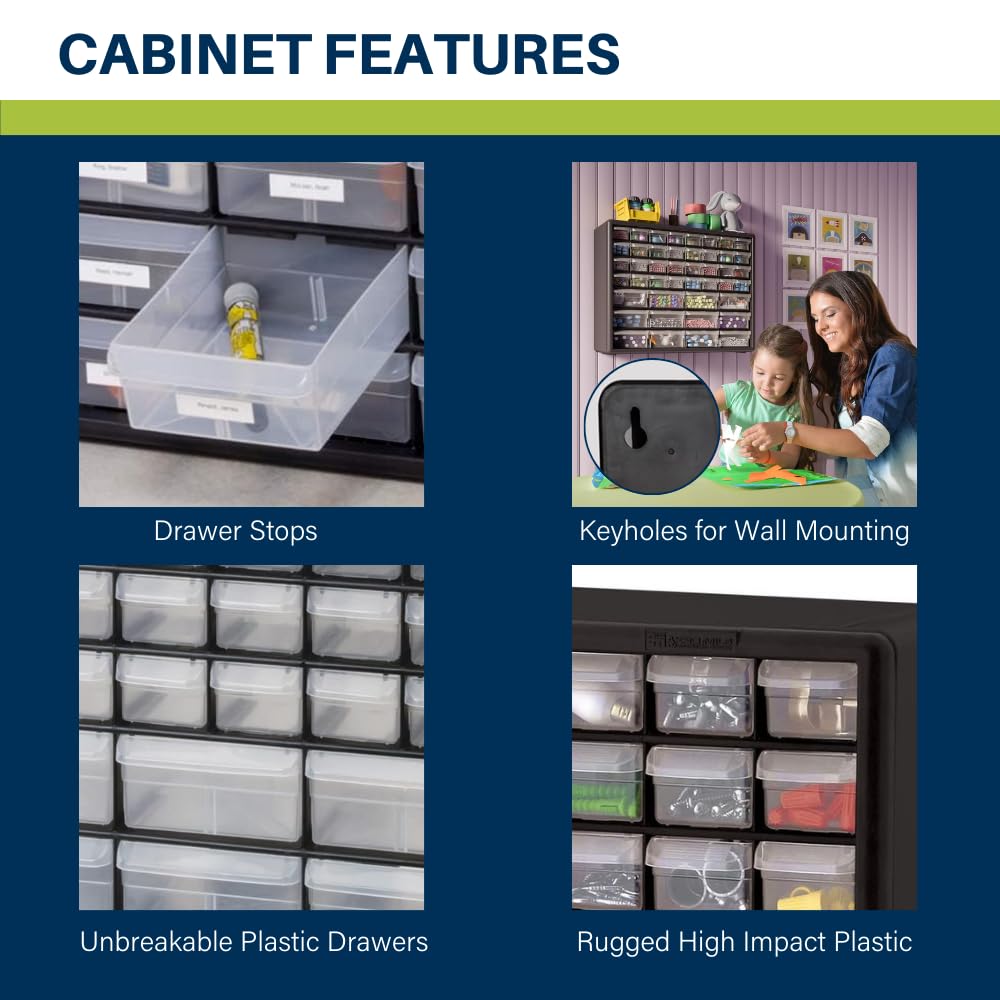 Akro-Mils 44-Drawer Plastic Drawer Storage Cabinet for Garage Organization, Bead Organizer, Building Bricks Storage, Teacher Toolbox, Makeup Organizer, 20-Inch W x 6-Inch D x 16-Inch H, 10144 Yellow