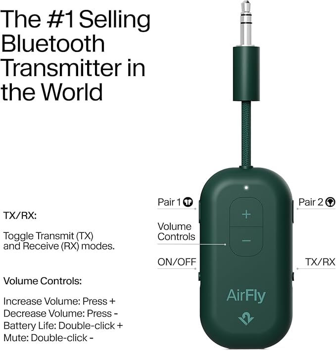 Twelve South AirFly Pro | Bluetooth Wireless Transmitter/Receiver Adapter for 2 Headphones, Audio Sharing, Compatible with 3.5mm aux Jack for Airplanes, TV, Gym, Stereo, and Travel, Evergreen