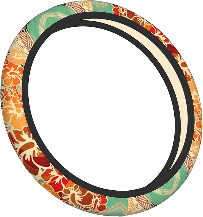 Hawaiian Island Tropical Car Steering Wheel Cover for Women Men 14-15 Inch Stretch Cloth Anti-Slip Wrap Protector Case Fit Universal Auto Accessories Decor Sweat Absorption