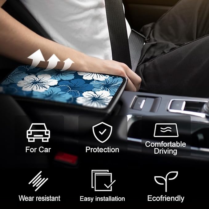 1pc Center Console Armrest Cover Pad 12.6x7.5 inch Blue Aqua Flower Neoprene Car Armrest Cushion Waterproof Armrests Seat Box Cover Protector for Universal Cars Vehicles SUVs