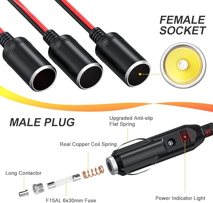 ELECTOP 1 to 4 Car Cigarette Lighter Splitter Adapter Power Charger Port, 12V 24V Plug Socket Adapter 4-Way Splitter, 12 inch Cigarette Lighter Extension Cord Cable 16AWG with 15A Fuse