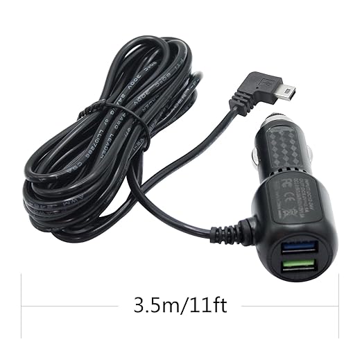 Dash Cam Mini USB Power Cable 11FT, Right Angle 90 Degree Mini USB with Dual USB Port Fast Power Supply, for 12V-24V Car and Truck Dash Cam, GPS Navigator, MP3 Player and Other USB Devices