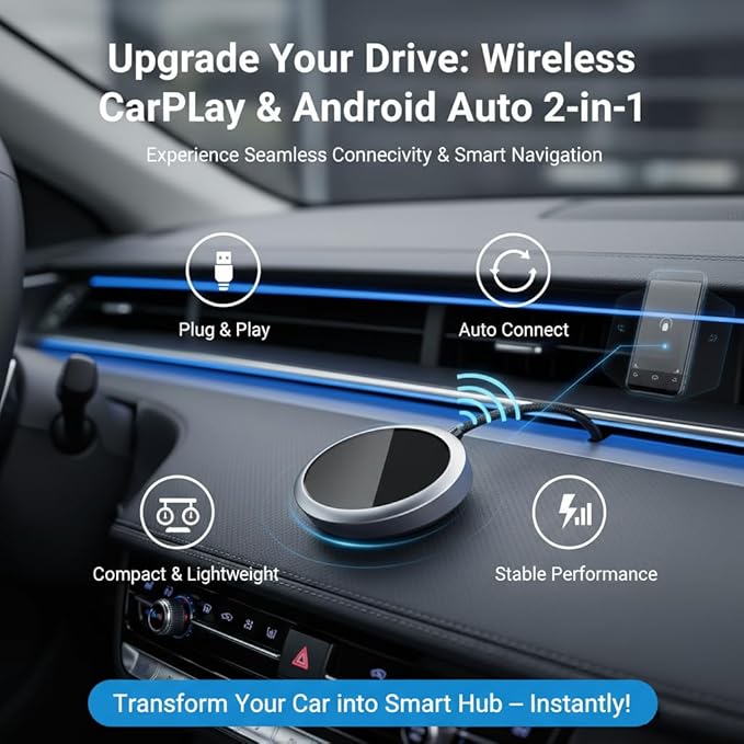 2-in-1 Wireless CarPlay Adapter 2026 for Apple iPhone & Android Auto Adapter, Plug&Play CarPlay Dongle Converter, Fast Auto-Connect,Compact Design Fast Stable Connection with USB/USB-C Port (Grey)