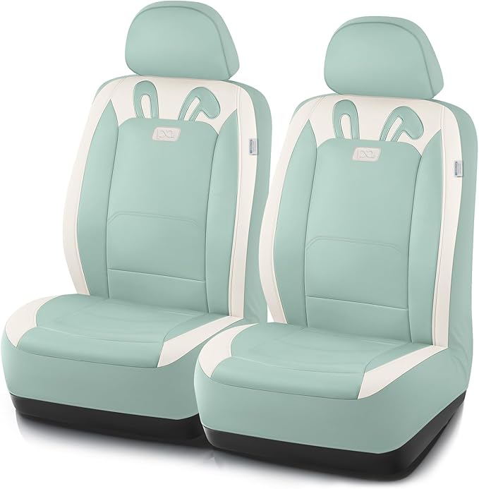 PIC AUTO Car Seat Covers, Cute Rabbit Premium Green Leather Seat Covers, Universal Fit Front Seat Covers for Cars, Trucks, SUVs, Soft & Wear-Resistant Auto Interior Protection with Airbag-Compatible