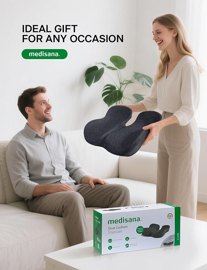 Medisana Seat Cushion, SC 200B Seat Cushions for Office Chairs, Car Seat, Wheelchair - Sciatica & Tailbone & Coccyx Pain Relief Pillow for Driver Sedentary People（Size:22.8 * 16.5 * 4.3 in-Black）