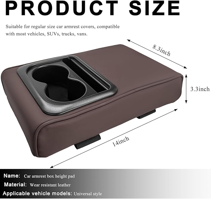 Car Center Console Armrest Pillow, 14"×8.3" Waterproof Leather Armrest Box Cover with Cup and Phone Holder, Soft Memory Foam Arm Rest Console Pad Protector for SUV Truck (Coffee, Glossy)