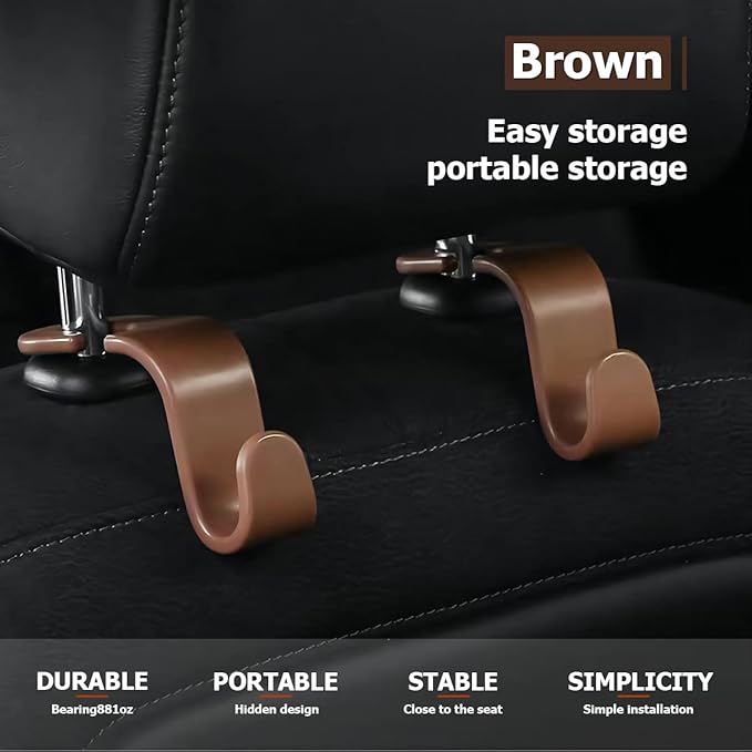Car Seat Headrest Hook, 4PCS Multifunctional Auto Backseat Hangers, Universal Car Interior Accessories, Vehicle Storage Organizer for Purse, Coat, Umbrella, Grocery, Bag, Handbag (Coffee)