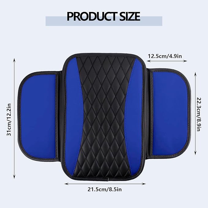 Leather Car Center Console Cover,Upgraded Center Console Cushion Pad with Side Pockets,Patchwork Arm Rest Cover for Car,Waterproof Armrest Seat Box Covers,Universal for Most Vehicles (Blue)