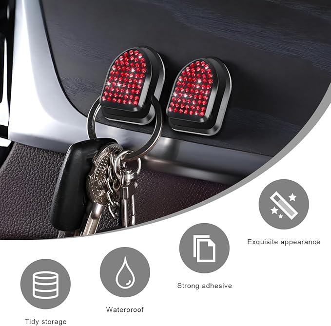 4 PCS Bling Car Mini Hooks, Cute Rhinestone Adhesive Back Seat Auto Hangers, Multifunctional Crystal Hanging Storage Hook for Vehicle Dashboard Wall Hat Coat Towel Key (Red)