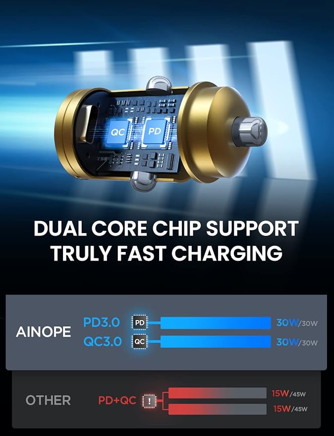 AINOPE 90W USB C Car Charger Fast Charging,[Smallest Metal] Car Charger USB C PD45W+QC3.0 Dual Port Cigarette Lighter Charge for iPhone 16 Pro Max Plus 15 14 13 iPad Samsung, Gold Kits