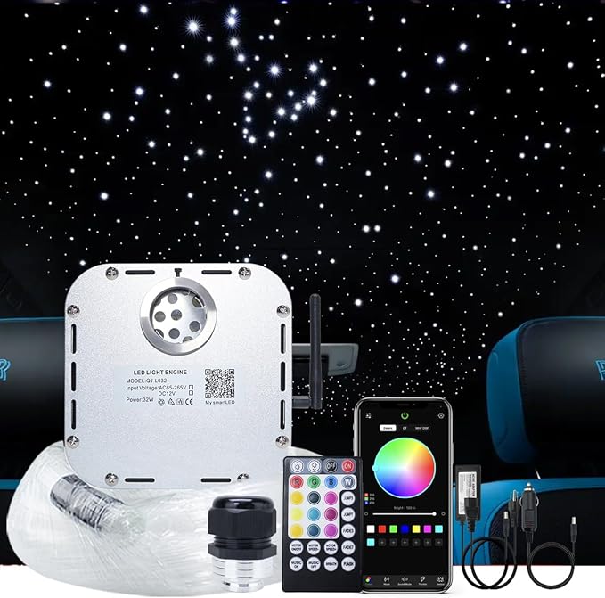AKEPO 32W RGBW APP+Twinkle+Music Control Fiber Optic Lights Kit Star Ceiling Sky Light, 400pcs of Mixed Φ (0.75+1+1.5+2mm) 13.1ft/4m Optical Fiber Cable and Crystals for Car & Media Movie Room Decor